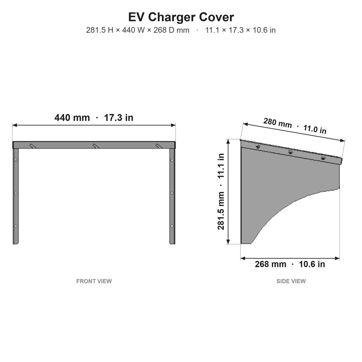 EV Charger Cover dimensions in mm and inches - front and side views
