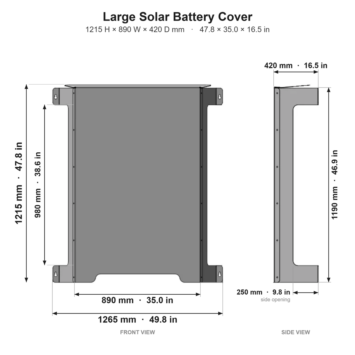 Large Solar Battery Cover dimensions in mm and inches - front and side views