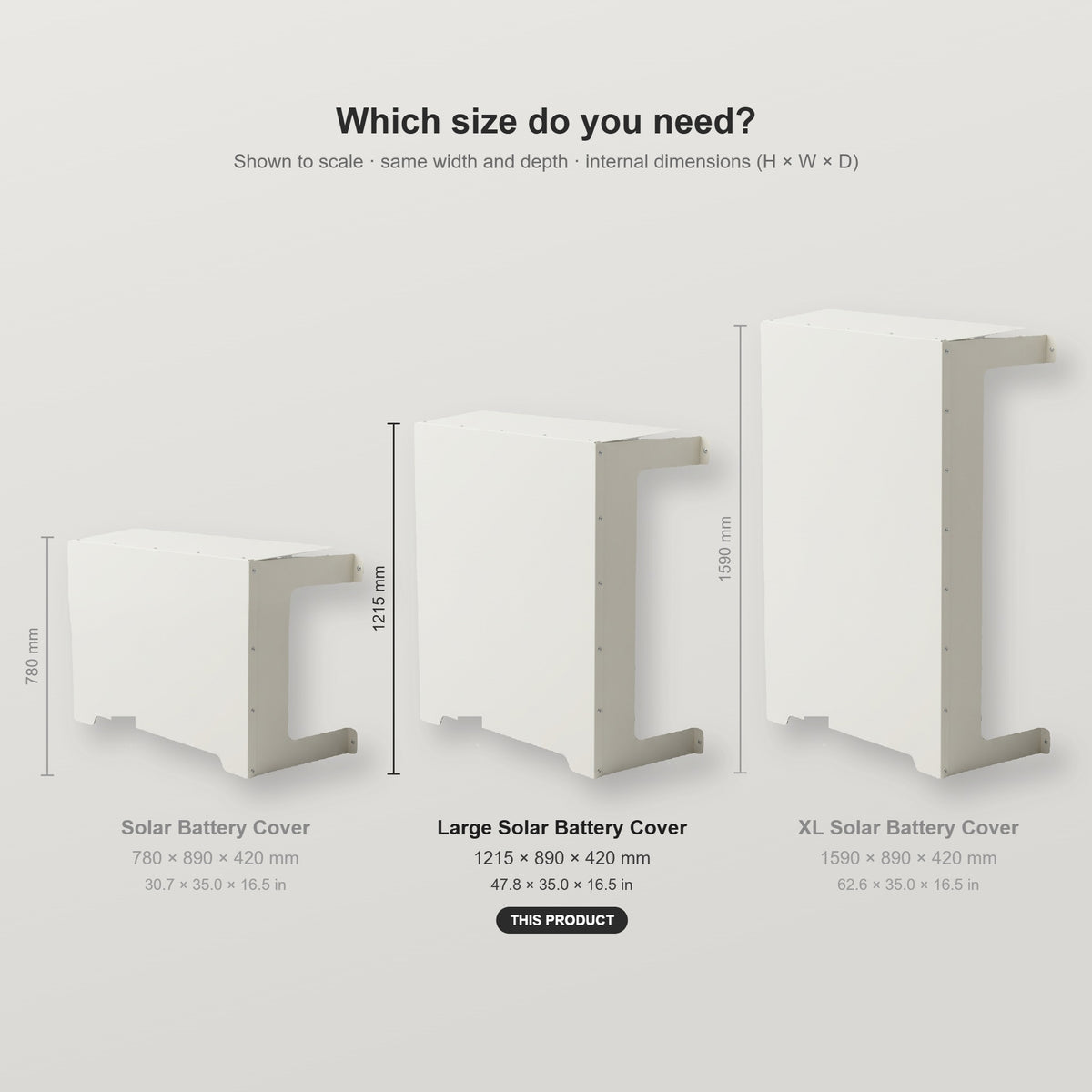 Large Solar Battery Cover size comparison with the Regular and XL Solar Battery Covers, shown to scale with internal dimensions