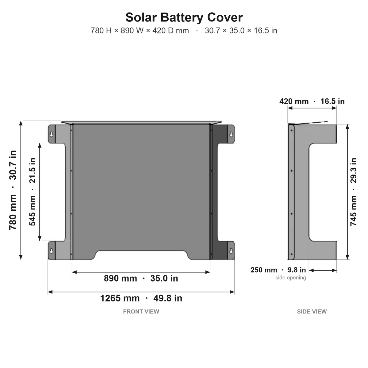 Solar Battery Cover dimensions in mm and inches - front and side views