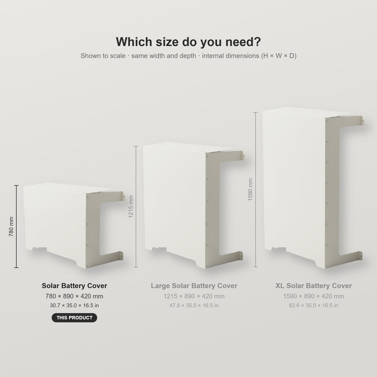 Solar Battery Cover size comparison with the Large and XL Solar Battery Covers, shown to scale with internal dimensions