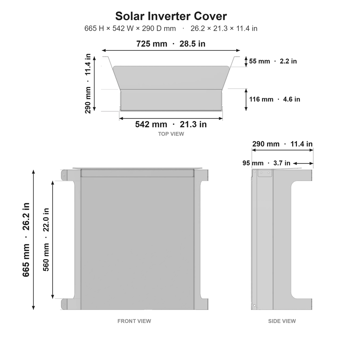 Solar Inverter Cover dimensions in mm and inches - top, front and side views