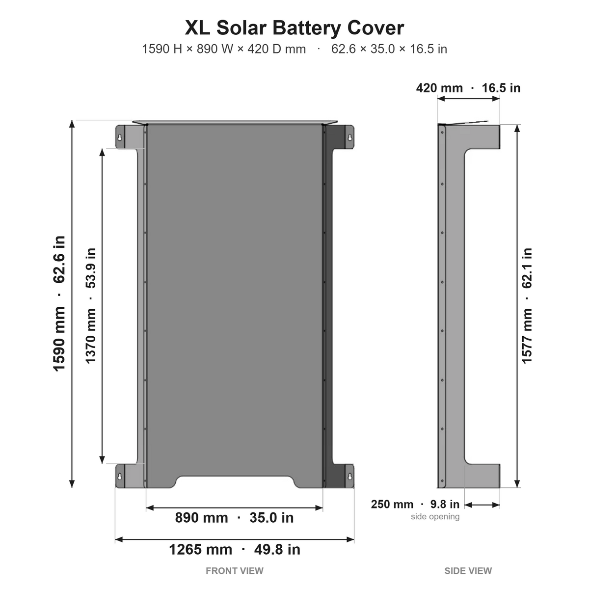 XL Solar Battery Cover dimensions in mm and inches - front and side views