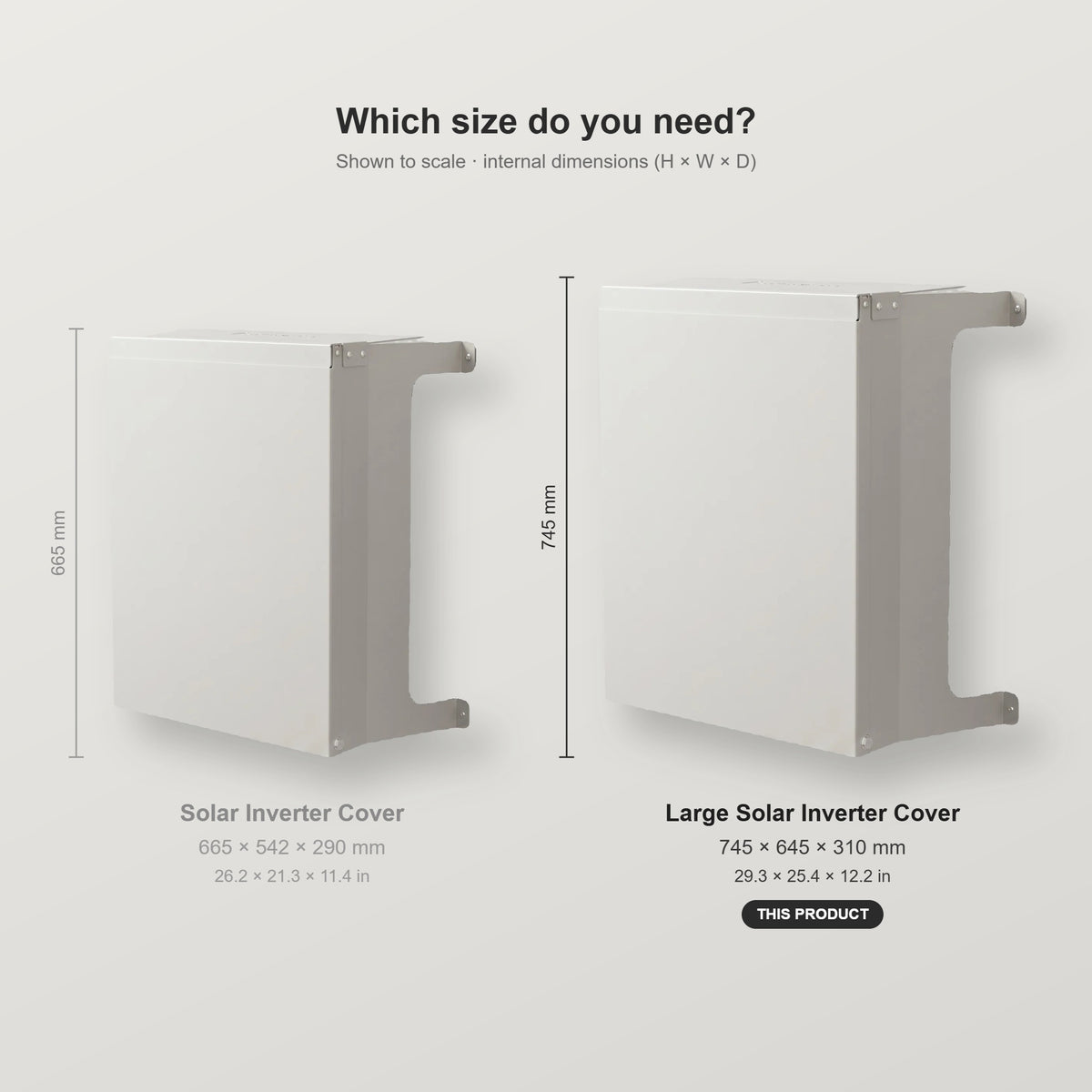 Large Solar Inverter Cover size comparison with the standard Solar Inverter Cover, shown to scale with internal dimensions