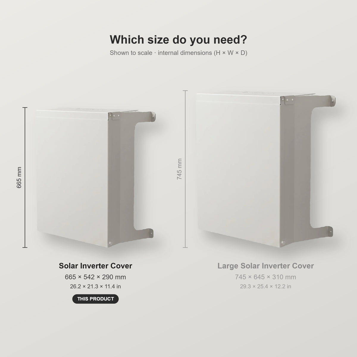 Solar Inverter Cover size comparison with the Large Solar Inverter Cover, shown to scale with internal dimensions